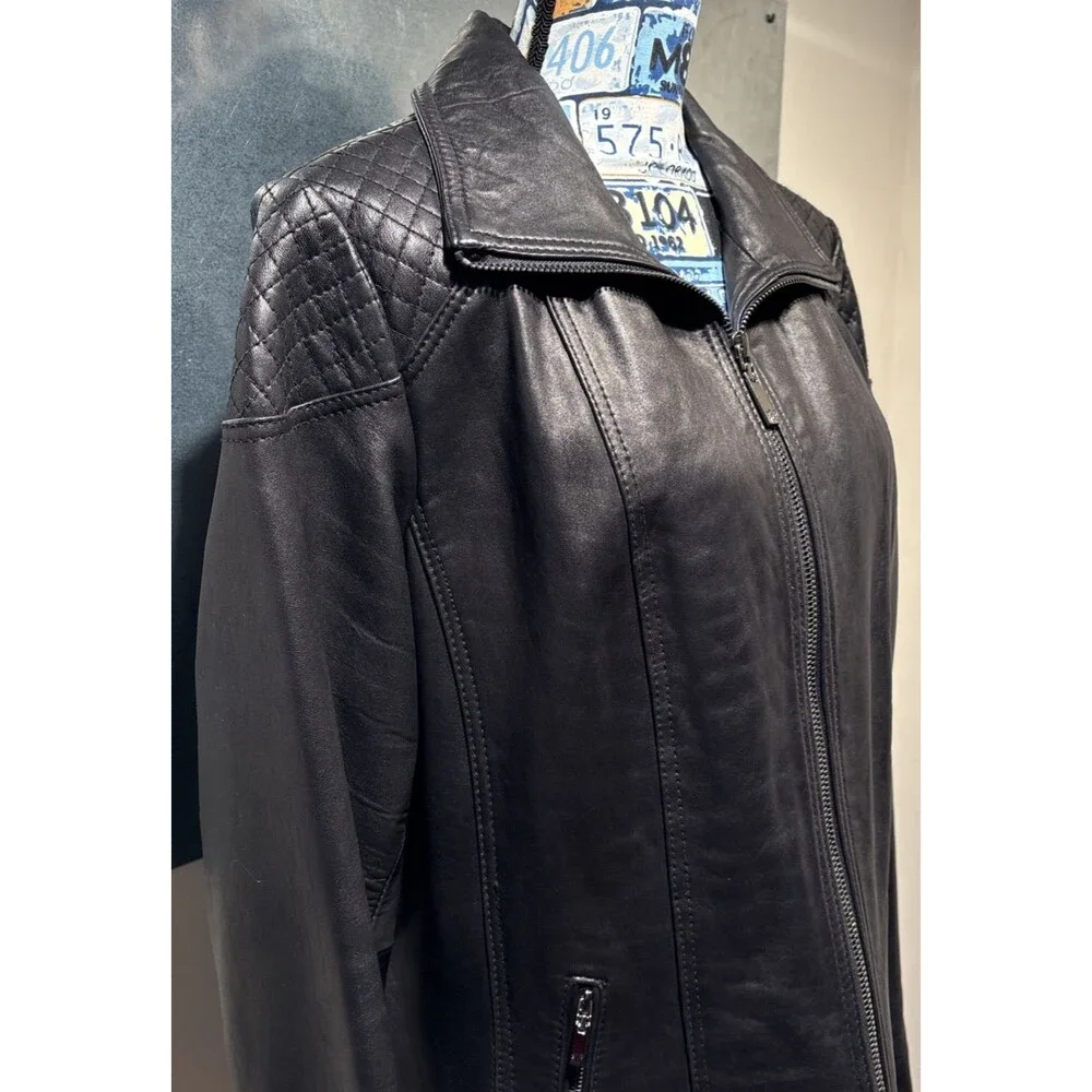 "Anne Klein Coat" Moto Jacket 2X Black 100% Leather Quilted Shoulders Full Zip - Picture 3 of 16